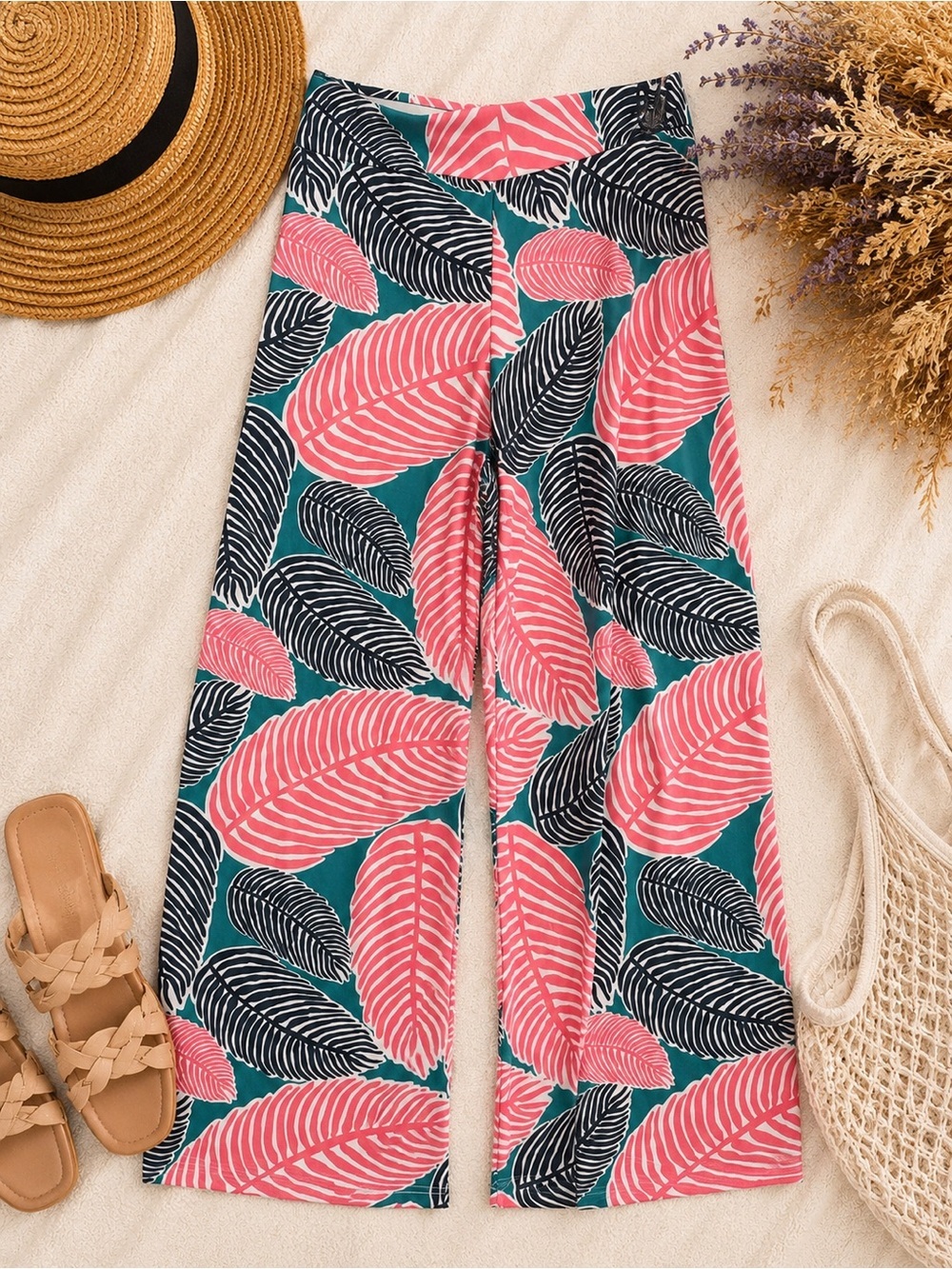 Polly Wolly Doodle Tropical Leaf Print Palazzo Pants XL Made in USA